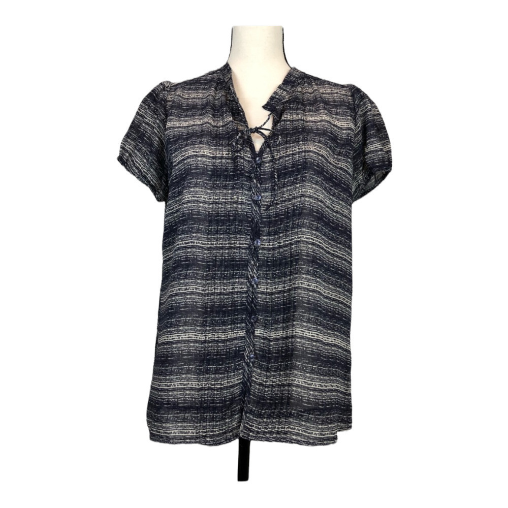 Gap Factory Navy Blue Cream Striped Sheer Tie-Front Blouse Women Size M Medium